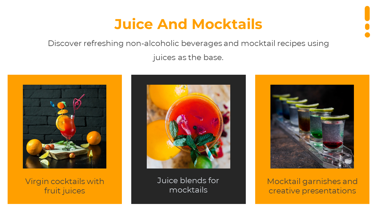 Three square drink images in a row with orange and black frames, each shows colorful mocktails with fruits and garnishes.