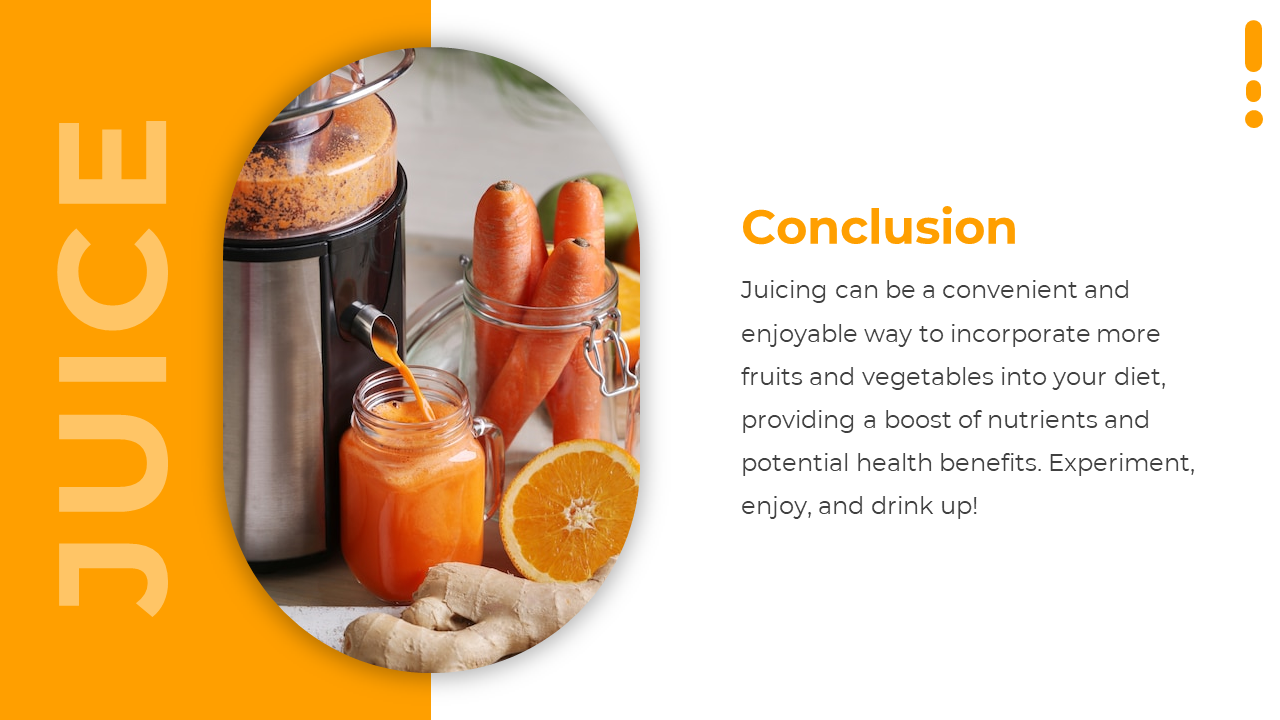 Orange and white split layout with curved photo of juicer, carrots, and juice jar in rounded frame and text on right.