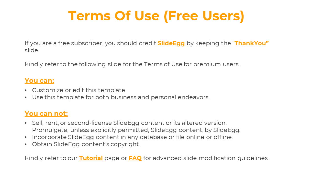 Centered heading in orange, followed by black body text, and two usage sections with subheadings and bullets.