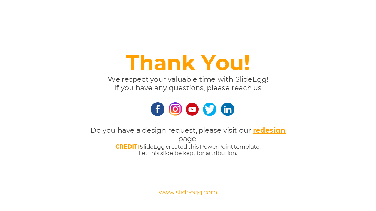 Centered thank you in orange text, followed by message and five colorful social media icons, on light background.