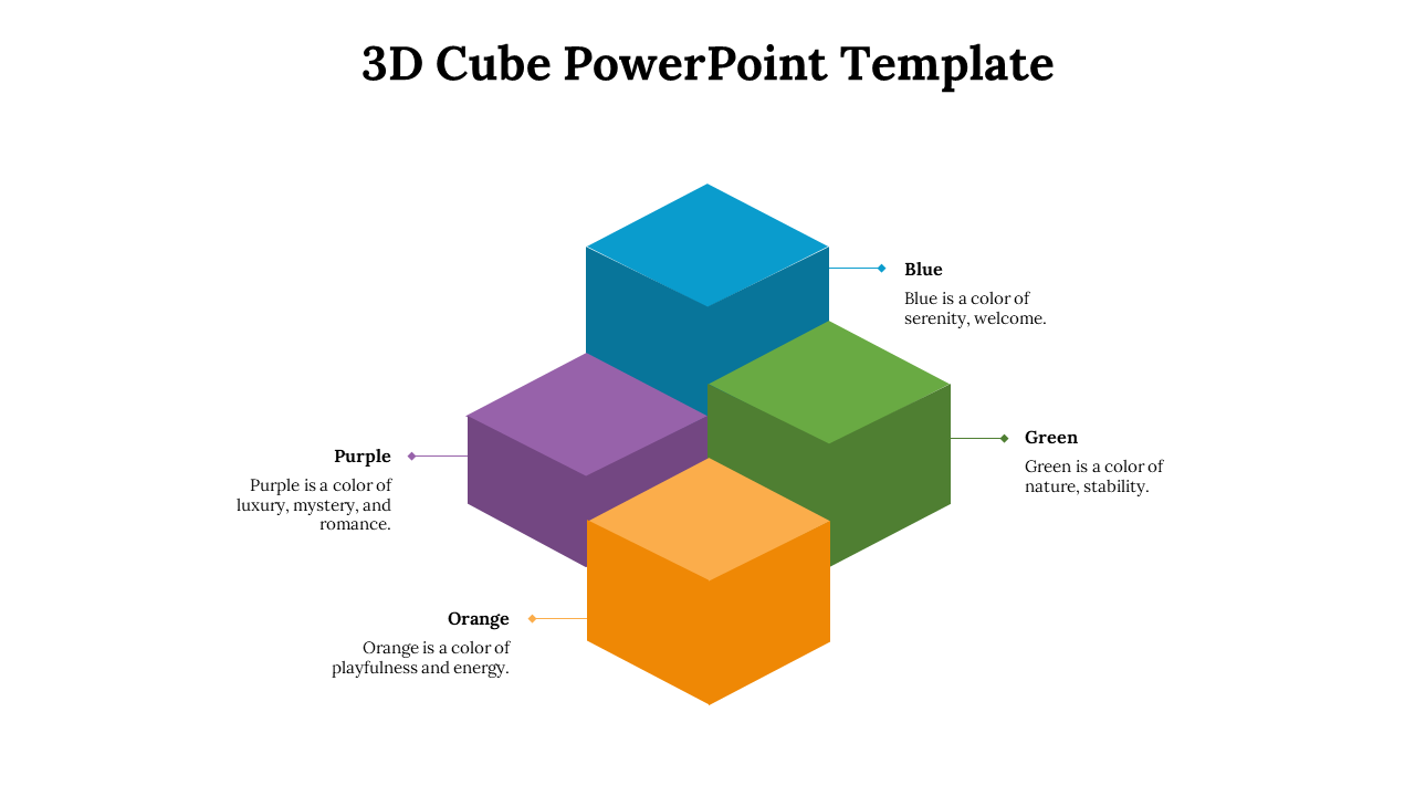Four colorful 3D cubes in a grid with purple, blue, green, and orange, each labeled with color name and description.