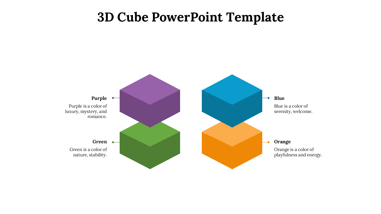 Four 3D cubes in purple, blue, green, and orange arranged in a grid, each labeled with color and description beside it.