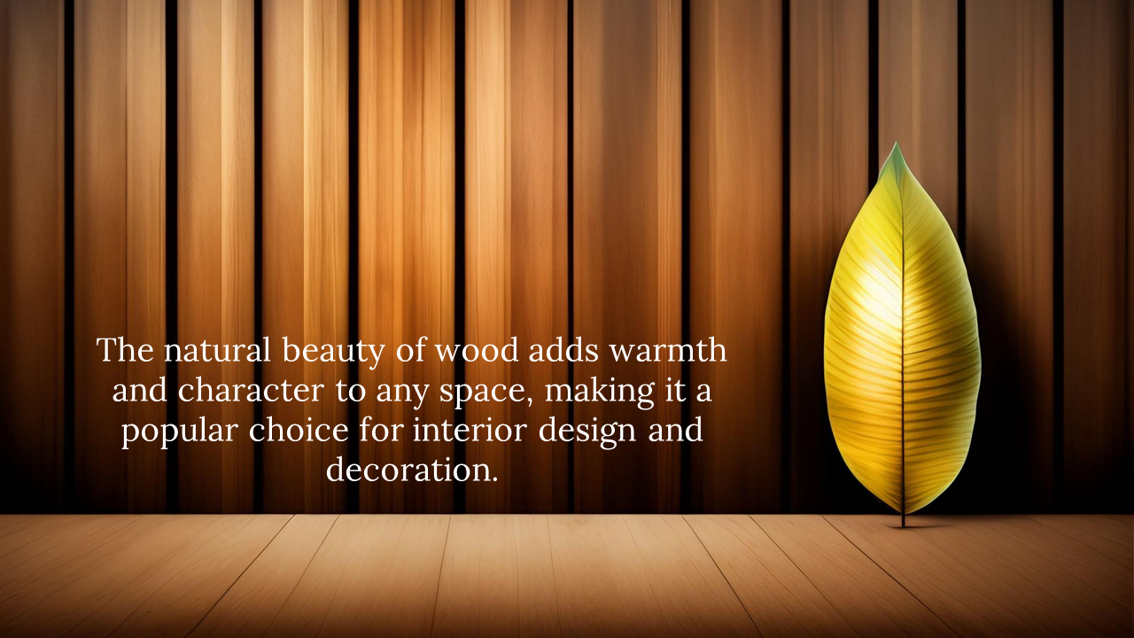 Vertical wood panel wall with spotlighted yellow leaf lamp on the right and centered white text over wooden floor.