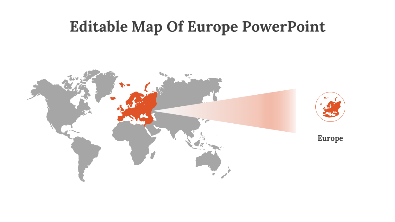 Gray world map with Europe highlighted in orange and magnified in a right side circular zoom with gradient beam.