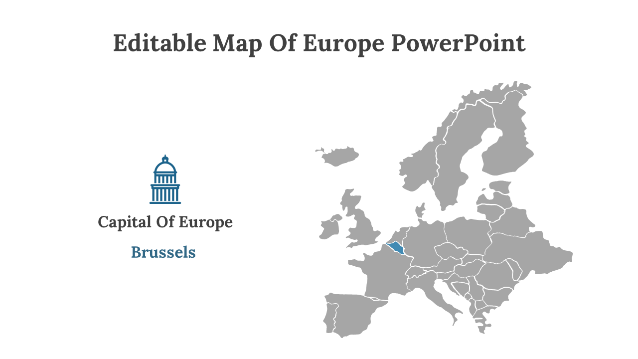 Gray map of Europe with Belgium highlighted in blue, paired with a monument icon and centered text on the left