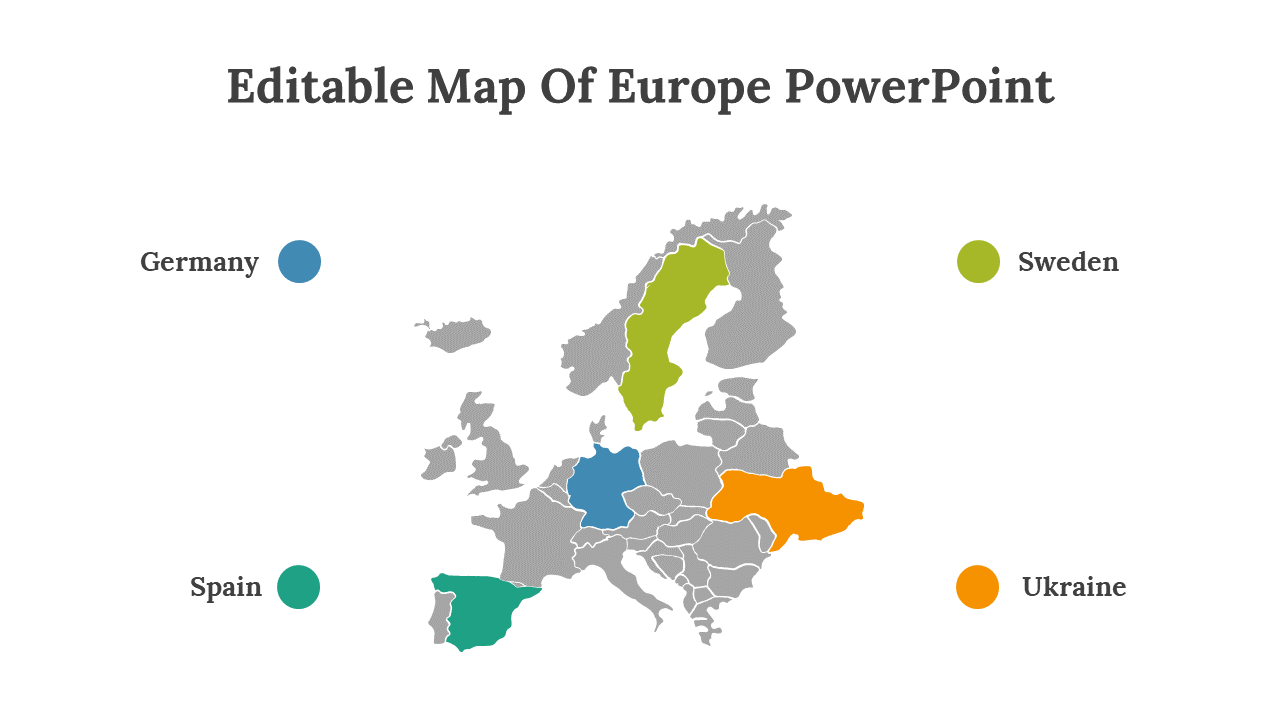 Gray map of Europe with Germany, Sweden, Spain, and Ukraine highlighted in blue, green, teal, and orange.