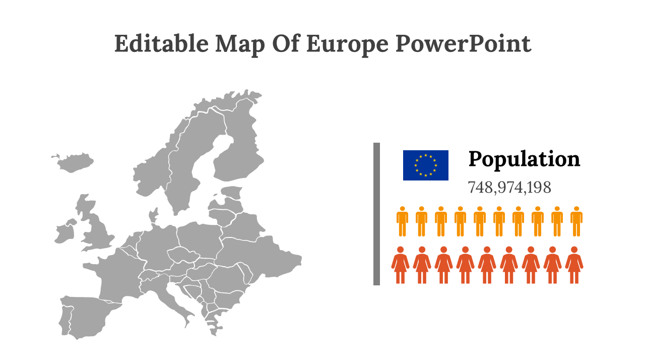 Gray map of Europe on left with blue flag and population icon beside orange and red human figures on right.