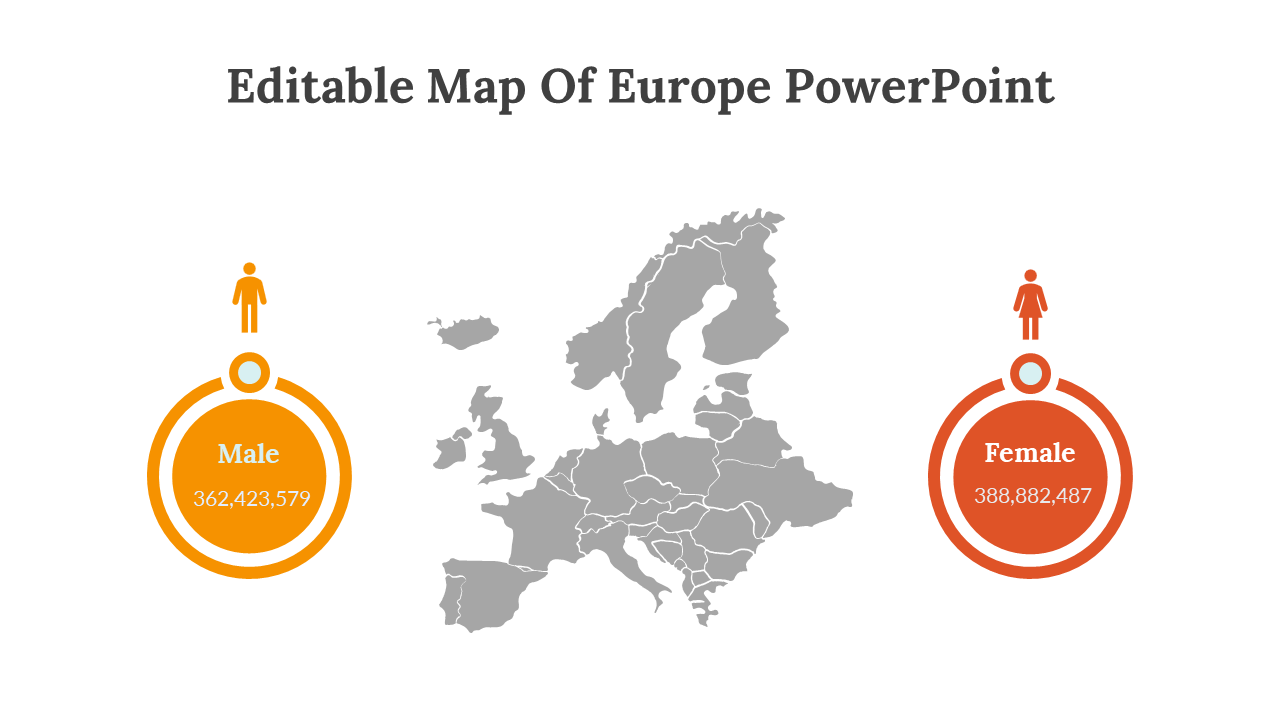 Gray map of Europe in center with orange male and red female icon in circle on both sides.