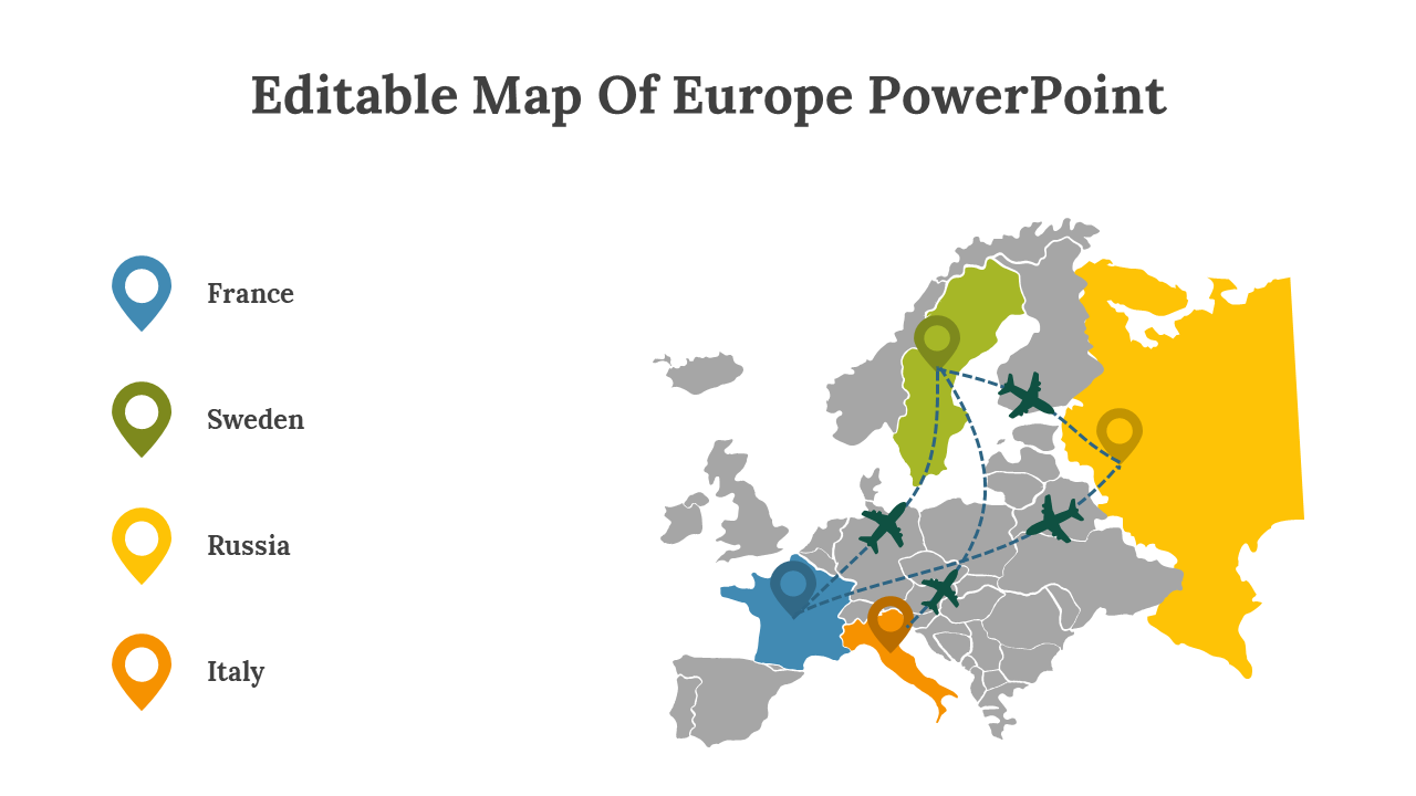 Gray Europe map with blue, green, yellow, and orange country highlights and flight paths linking location pins.