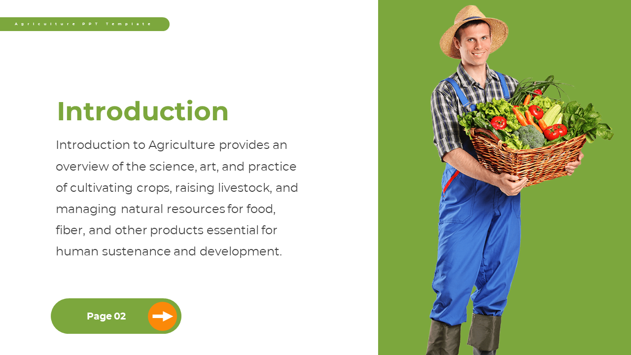 Split layout with intro text on white left side and smiling farmer holding vegetable basket on green background right.