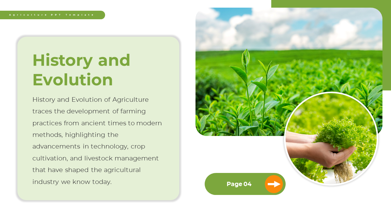 Split layout with pale green text box on left, green field photo on right with circular crop photo overlayed.