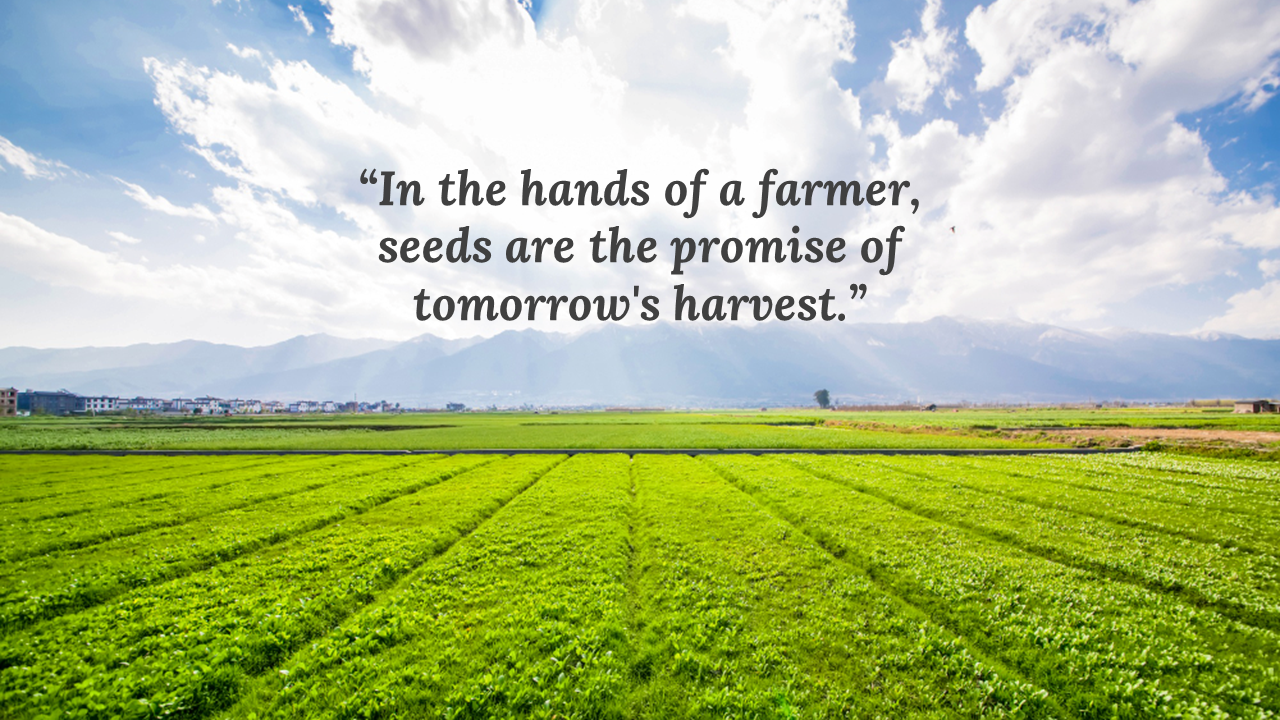 Rows of green crops under bright sky with white clouds and mountains in background and a quote centered in top half.