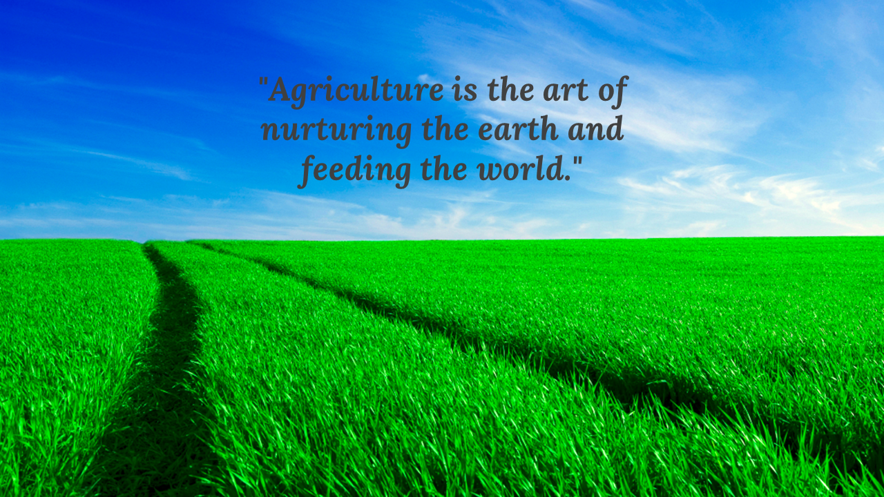 Bright green field with dark track lines leading to horizon under vivid blue sky with soft clouds, and text above.