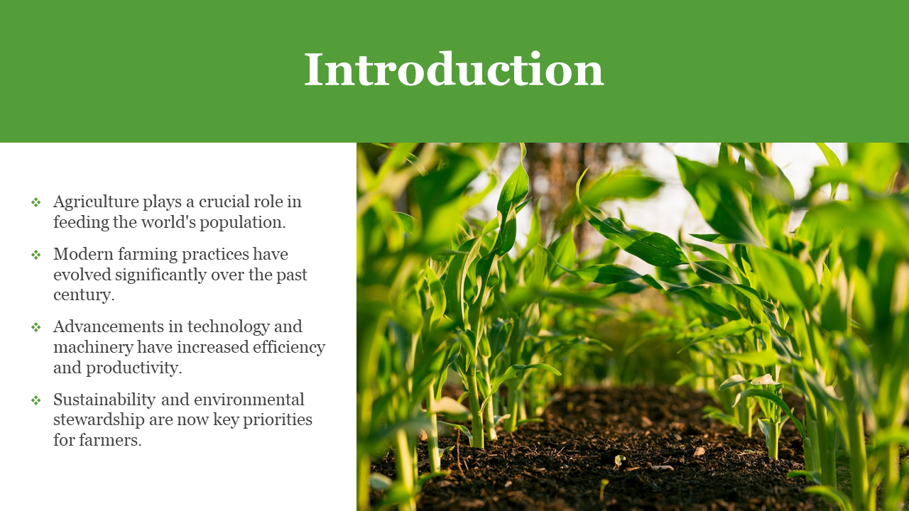 Green title bar, white text section on left, and right side shows crop rows growing in brown soil under soft light.