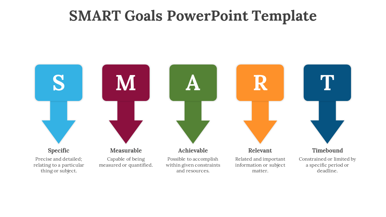 Five downward arrows in blue, red, green, yellow, and navy with bold white SMART letters and text labels underneath.