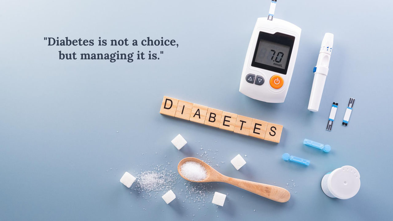 Blue background with quote on left and glucose meter, test tools, sugar cubes, wooden spoon, and blocks on right.