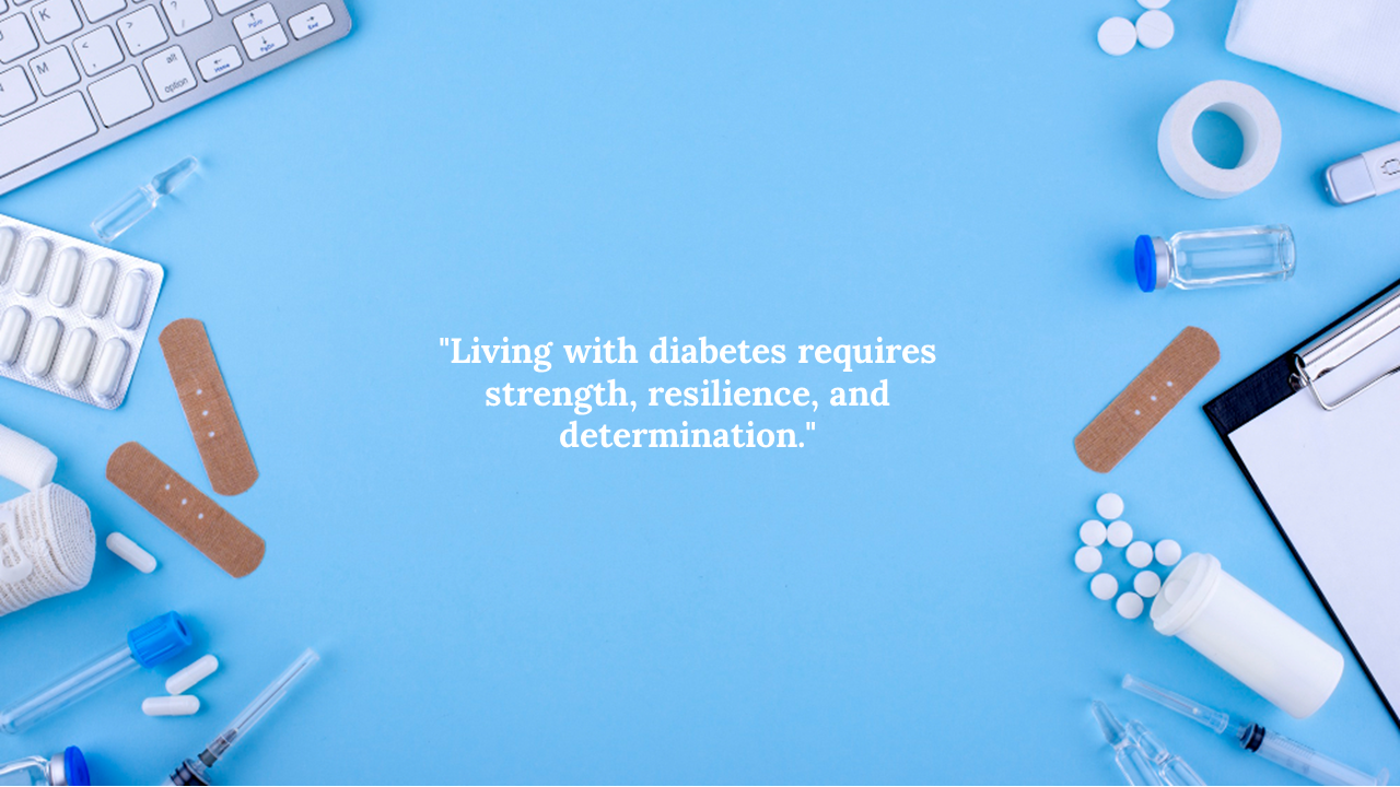 Blue background with quote in center, surrounded by syringes, pills, bandages, clipboard, and medical tools on edges.