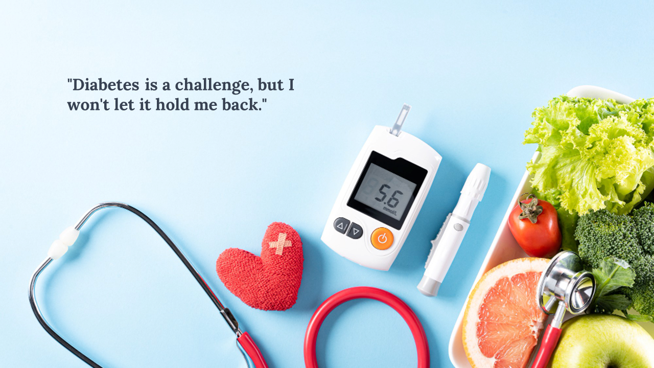 Blue background with glucose meter, red heart, stethoscope, fruits, vegetables, and quote on left side.