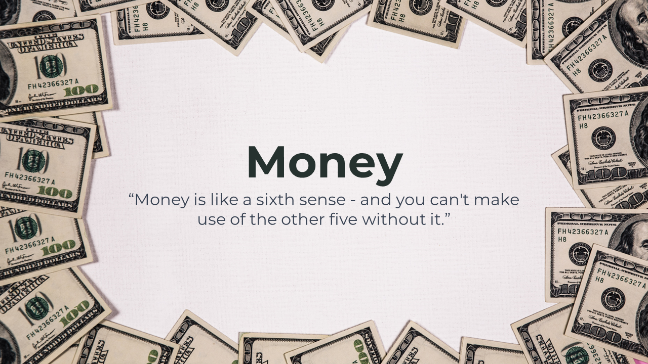 US hundred dollar bills frame the edges on white background with bold title and quote, on textured white surface.
