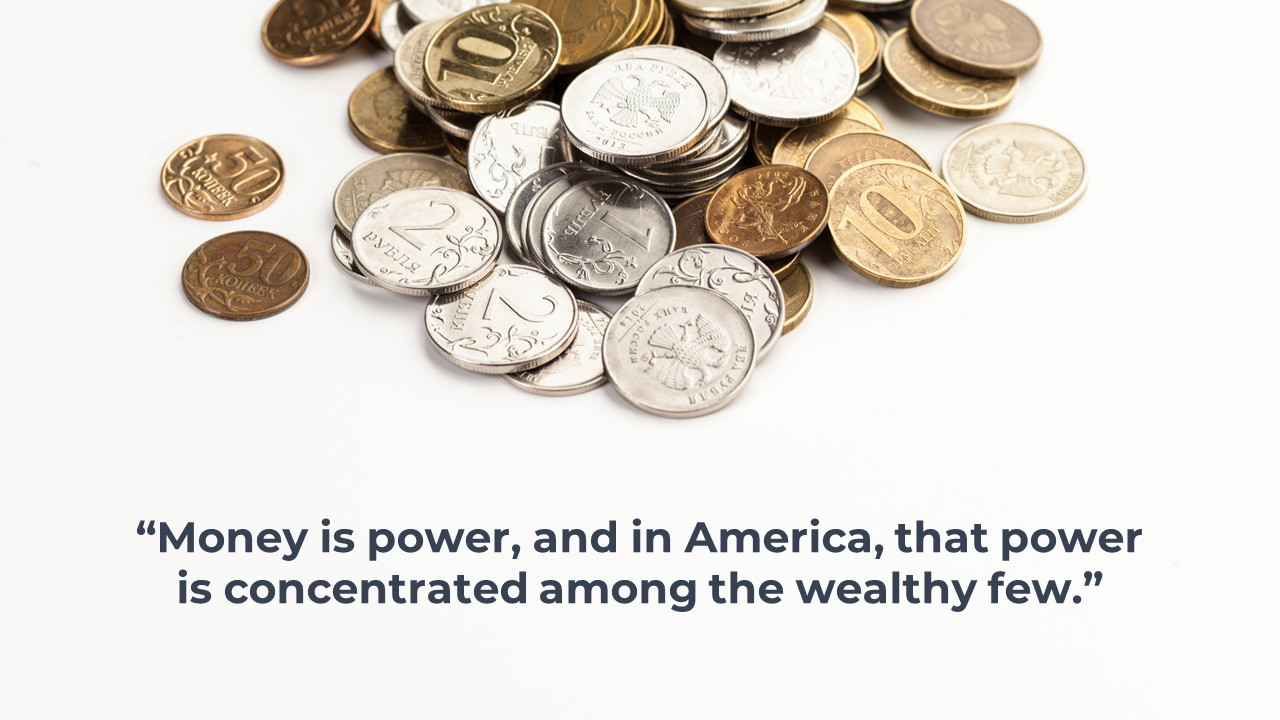 Pile of gold and silver coins at the top with bold dark quote centered below, on a white background.
