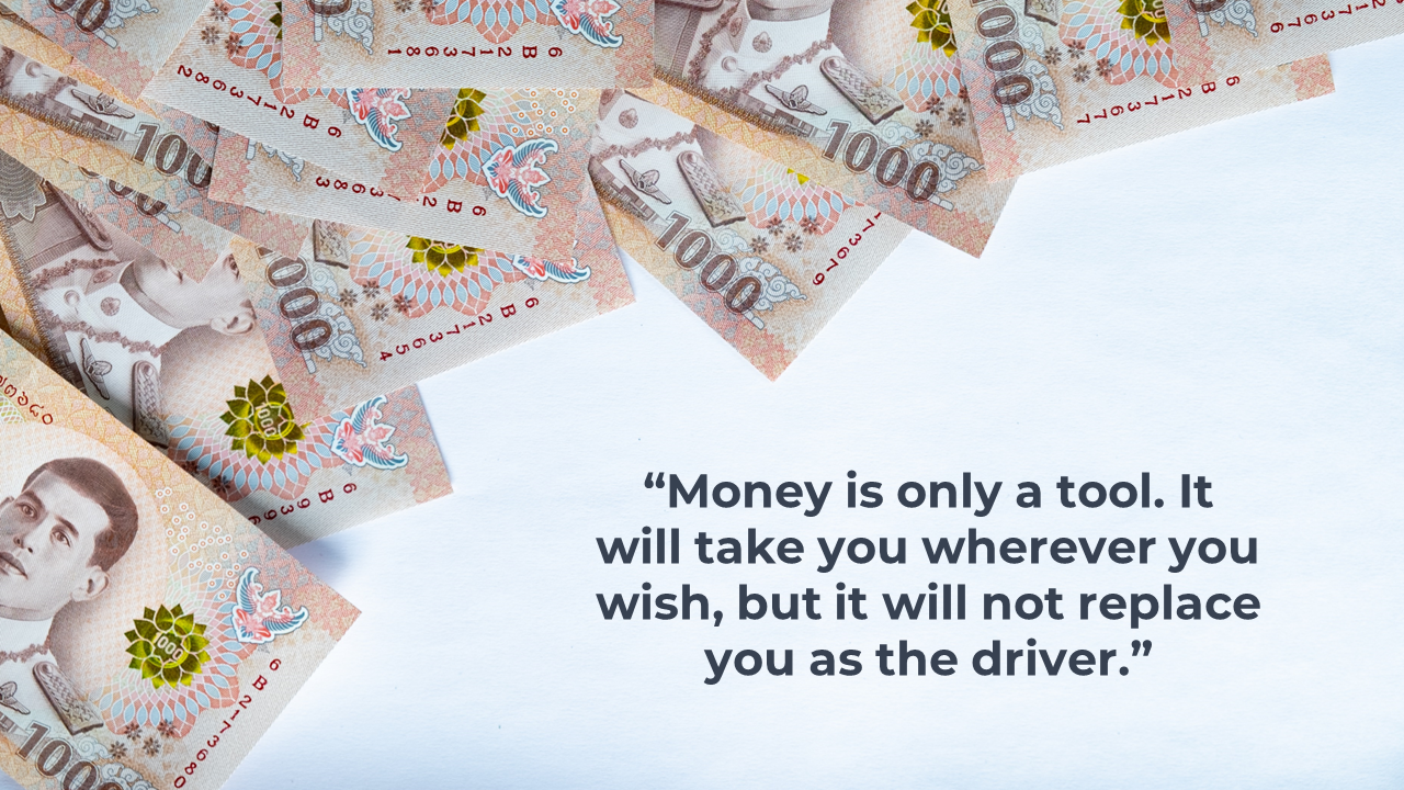 Top half filled with angled tan banknotes and bottom features bold black quote on white background.