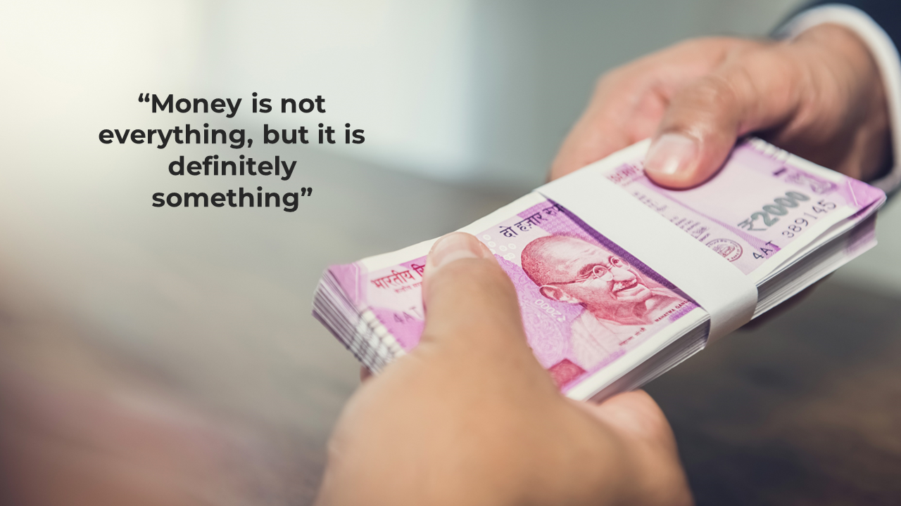 Close up of two hands exchanging a bundle of violet banknotes with bold black quote on blurred beige background.