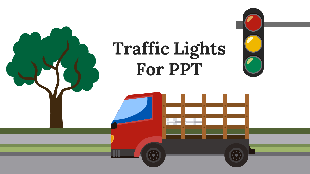 Red truck on road under a traffic light showing all colors, green tree at left and title in black centered above.