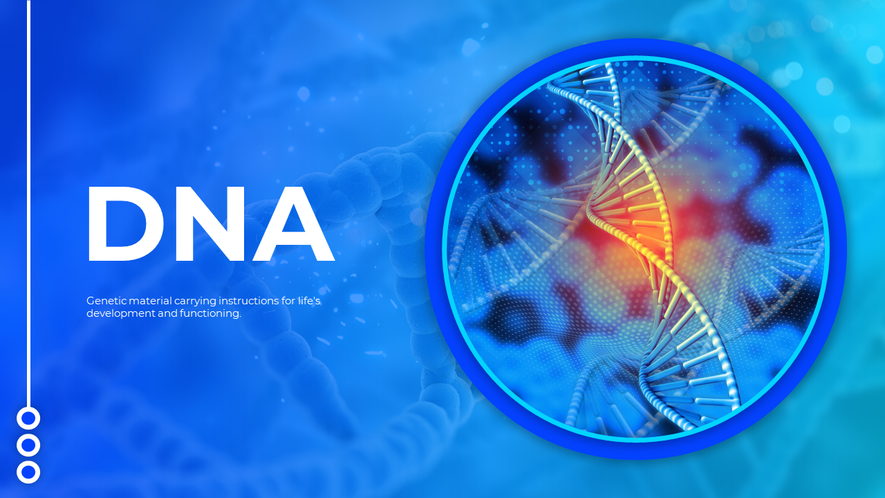 Blue slide with bold white title on left and glowing circular DNA helix graphic with red and orange core on right.