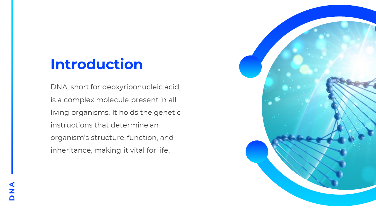 Slide with introduction text and a circular image of a bright blue DNA strand on right, framed by curved gradient lines.
