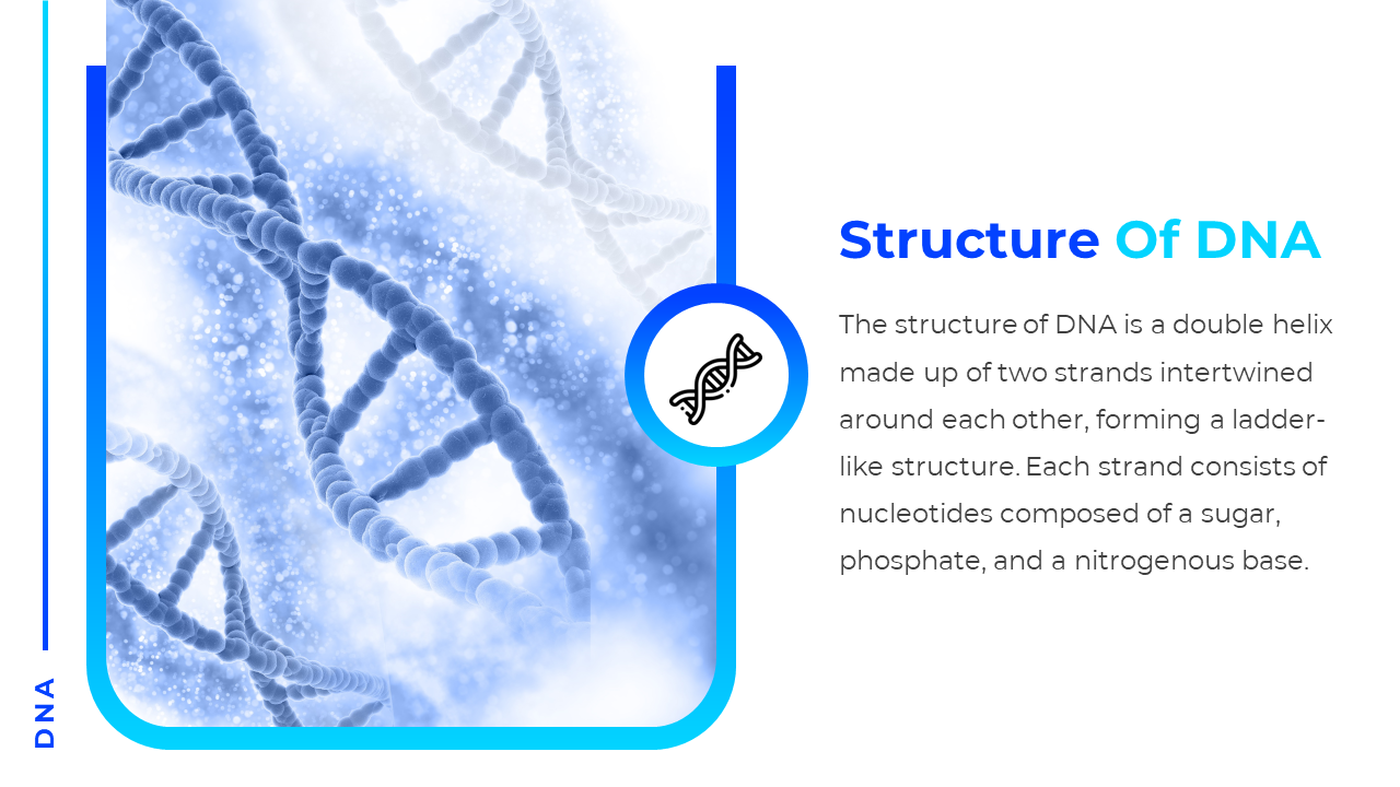 Blue toned DNA double helix image on left framed in rounded border and right side has an icon, title, and text.