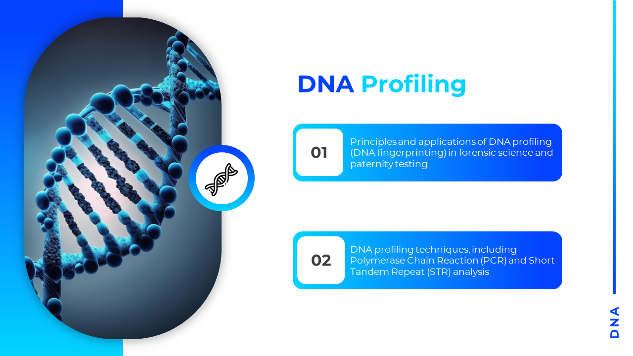 Slide with 3D DNA helix in a rounded frame and title and two blue gradient boxes with numbered text on right.