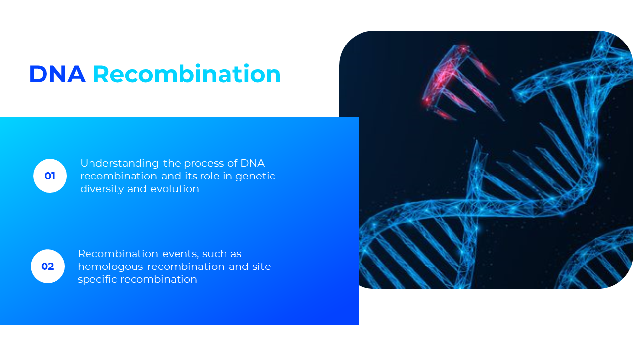 Slide with blue gradient text box and digital DNA strand illustration in dark background with glowing red break on right.