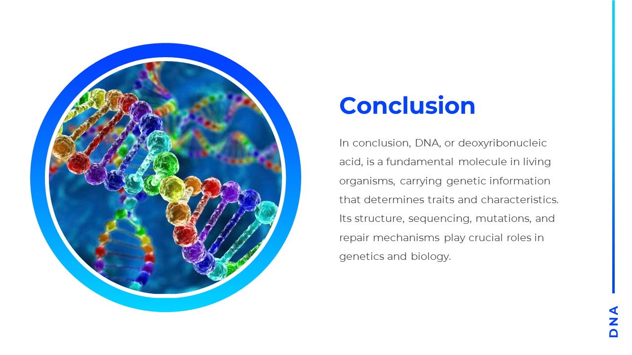 Blue and white layout with a circular rainbow DNA graphic on left and text on right under a bold heading.
