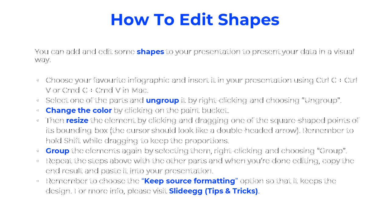 Blue heading and bullet points describe how to edit shapes in slides, with key actions like resize and group.