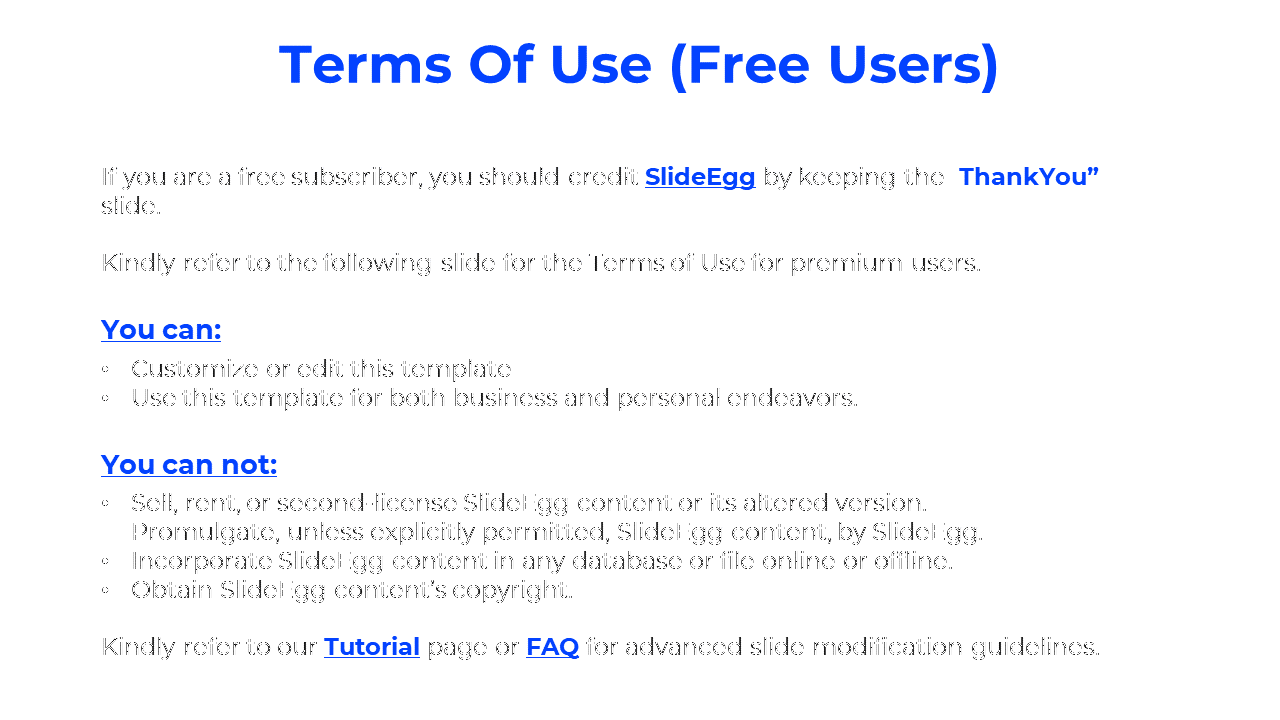 Terms of use slide for free users with blue heading and black bullet points listing allowed and restricted template actions.