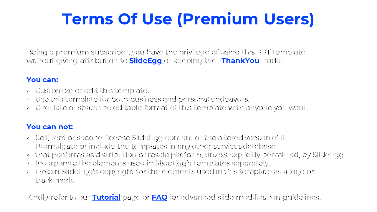 Blue highlighted terms of use for premium users, split into can and can not sections with bullet points.