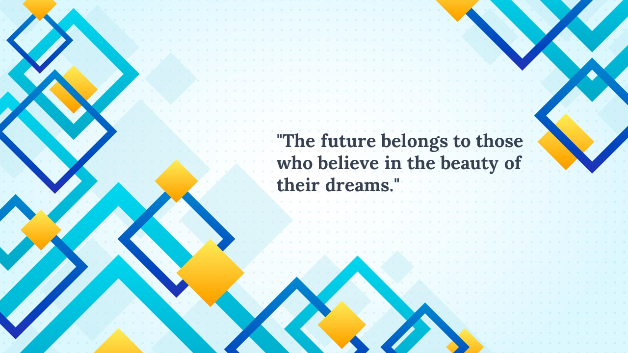 Background with layered blue outlined and yellow solid diamonds on left and right, with a quote centered in dark text.