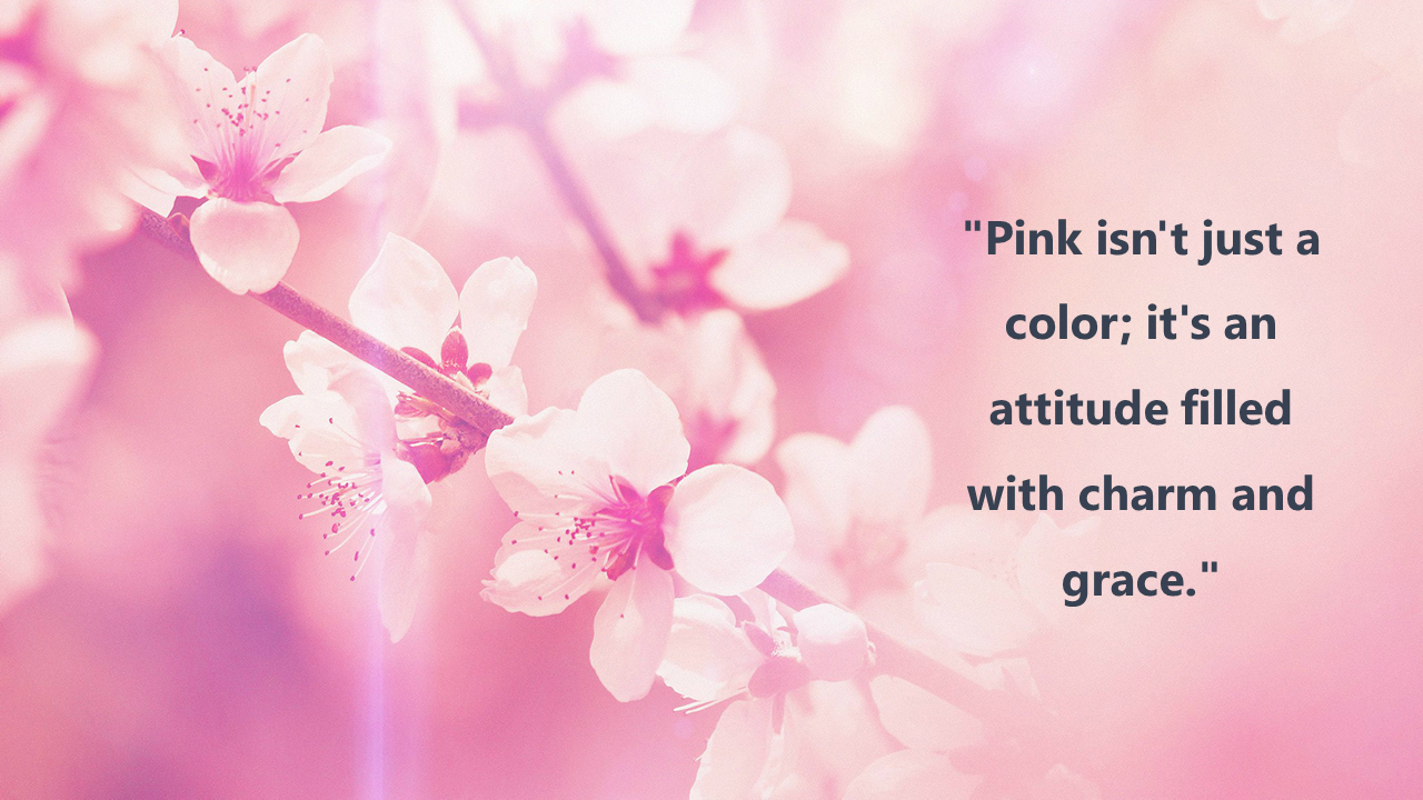 Soft pink background with blooming cherry blossoms on branches, and black text placed on the right side.