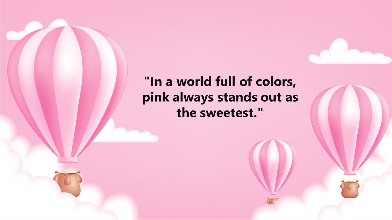 Pink sky background with three striped hot air balloons floating among fluffy white clouds and soft lighting.