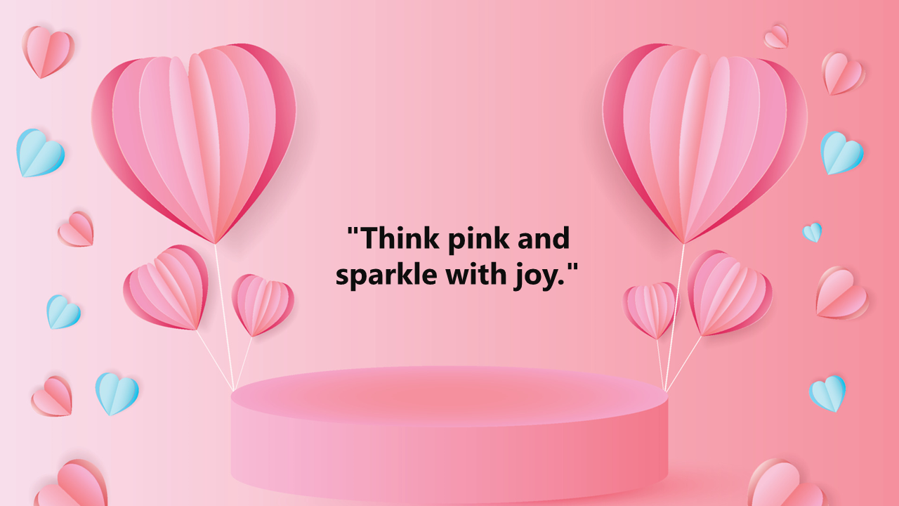 A podium with layered heart balloons on both sides and scattered pink and blue hearts on a soft gradient pink background.