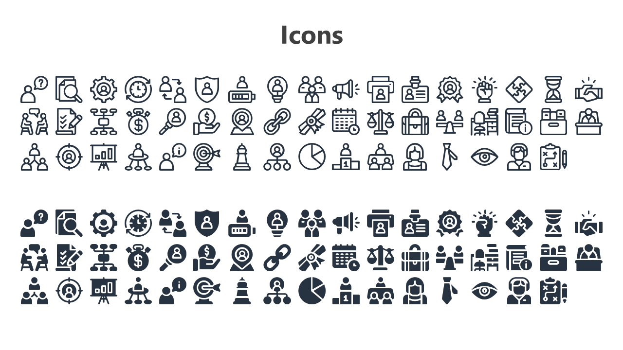 Slide showing parallel sets of outlined and solid icons depicting people, tools, and office concepts.