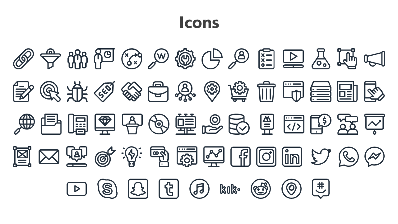 Simple white slide with various black line icons organized in five rows beneath a centered bold heading.