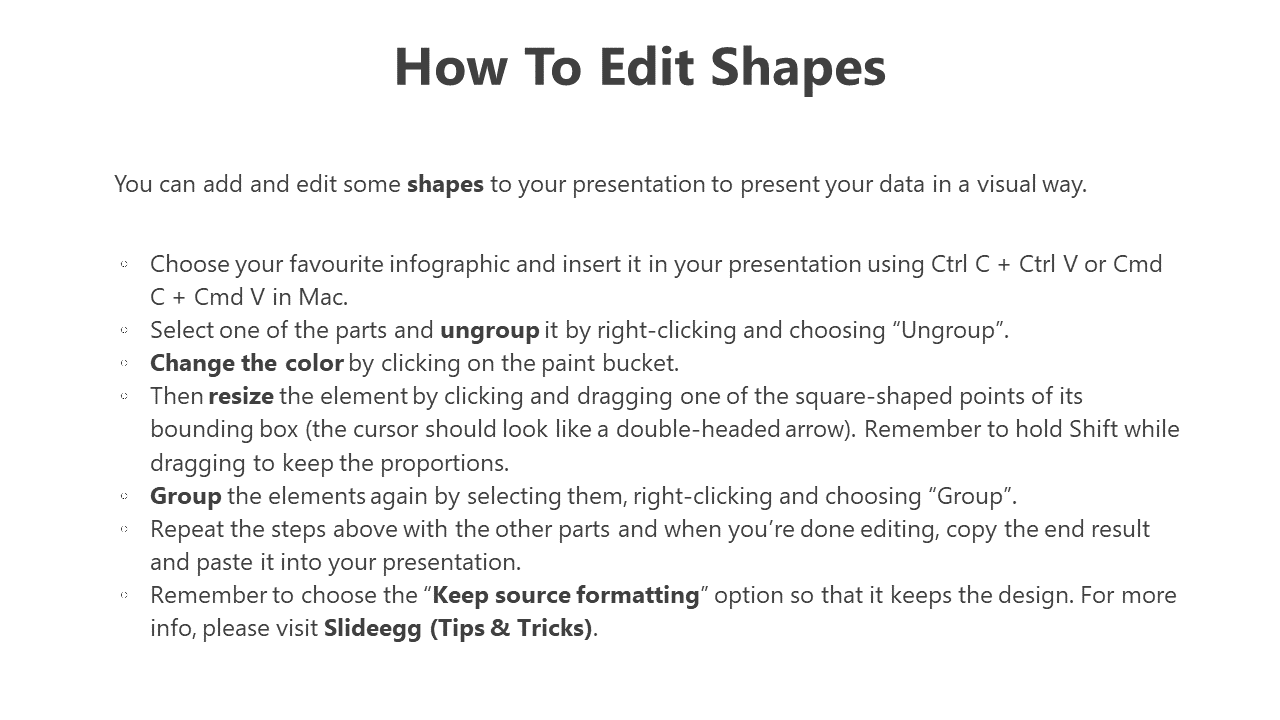 Instructions slide titled how to edit shapes with bullet points detailing editing steps using PowerPoint tools.