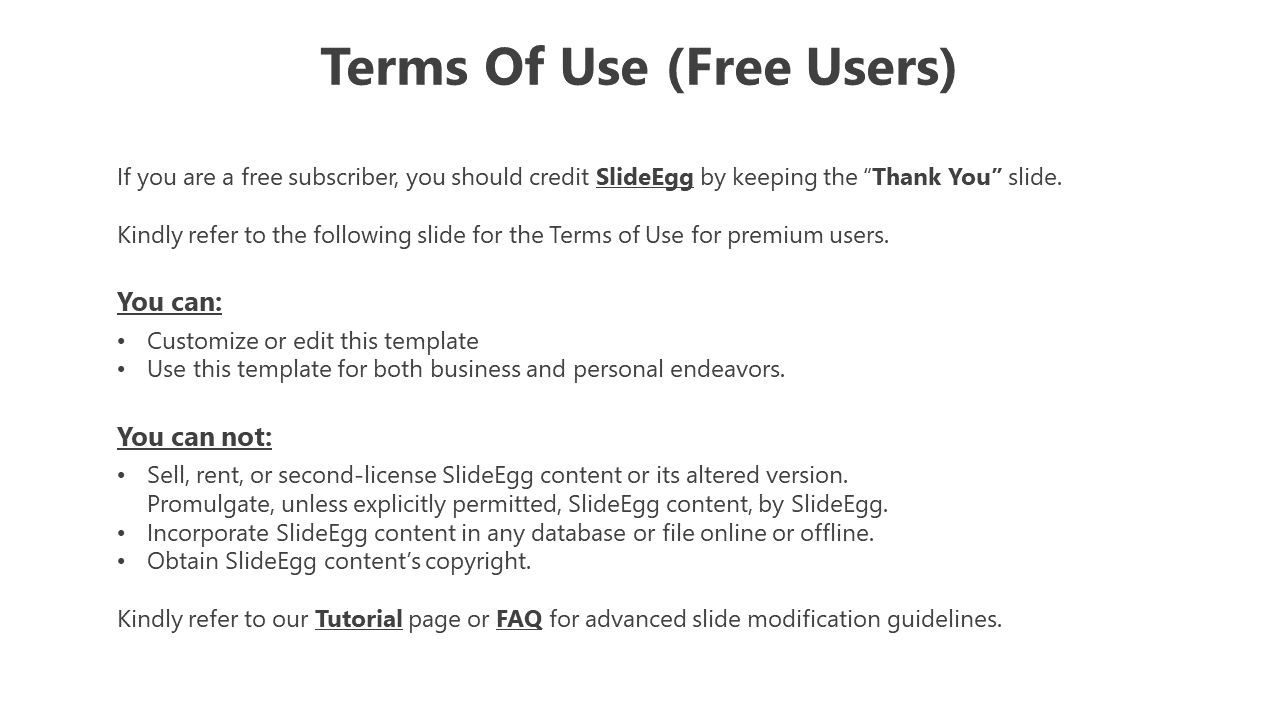 Clean layout slide explaining rights for free users, divided into editable and prohibited uses with bold labels.