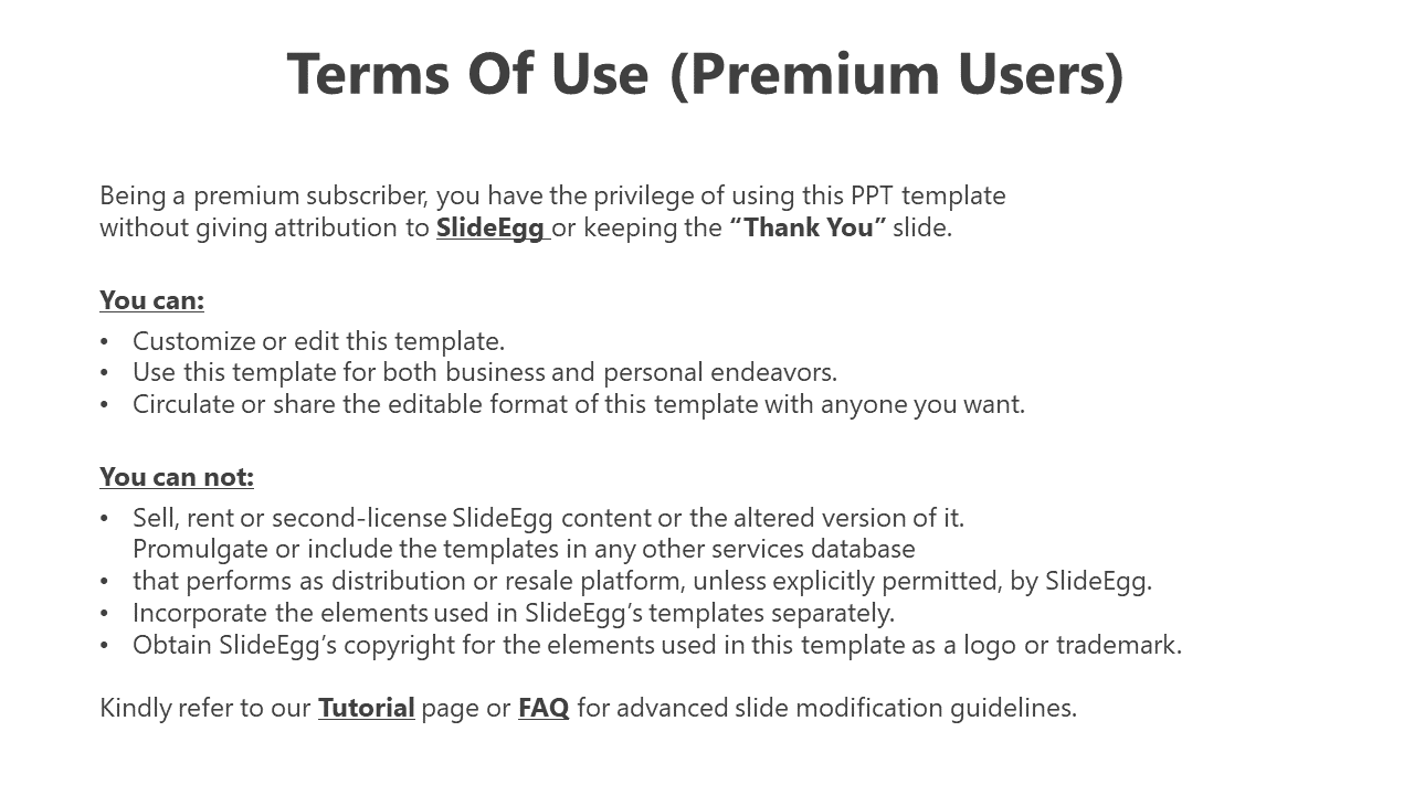 Terms slide in black text listing usage rights and restrictions for premium template users, centered on white background.
