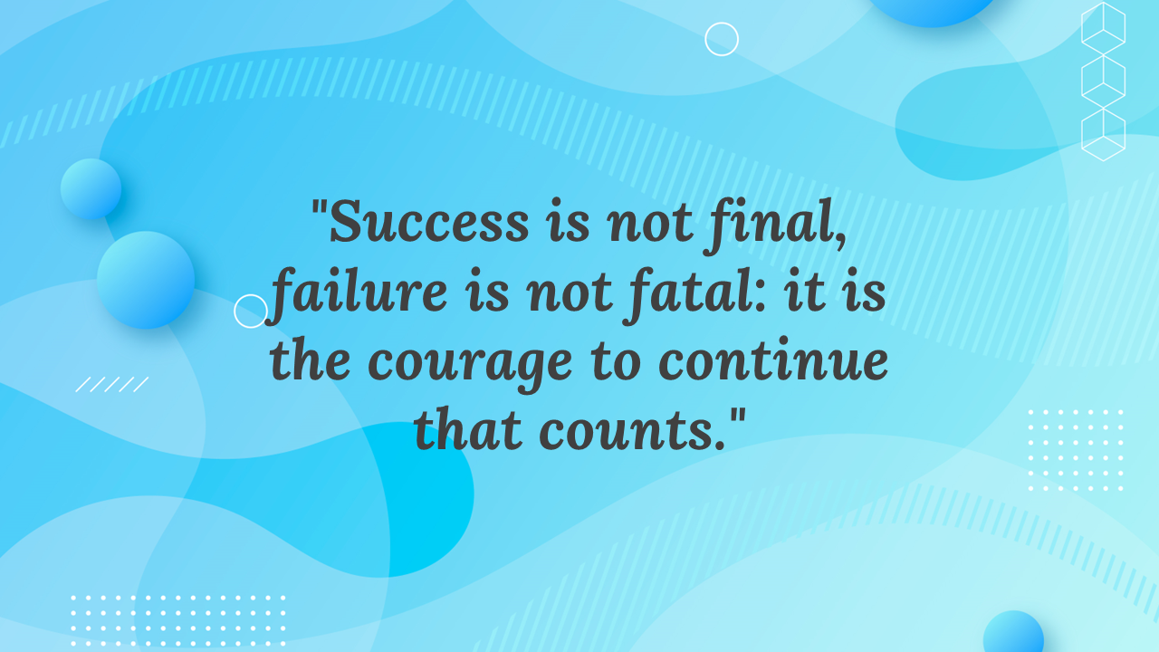 Light blue background with abstract curves, 3D circles, hexagons, and white dashed lines, and centered motivational quote.