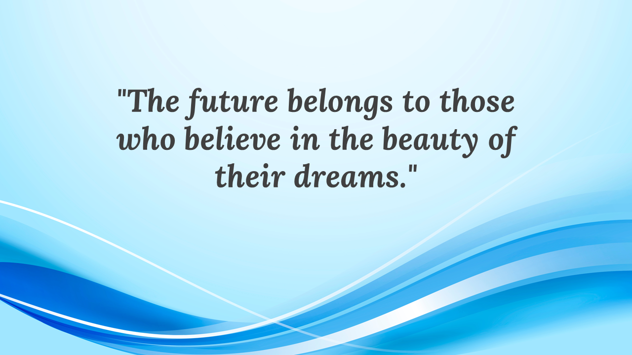Light blue background with layered wave shapes in dark to light blue tones,  framing the centered inspirational text.