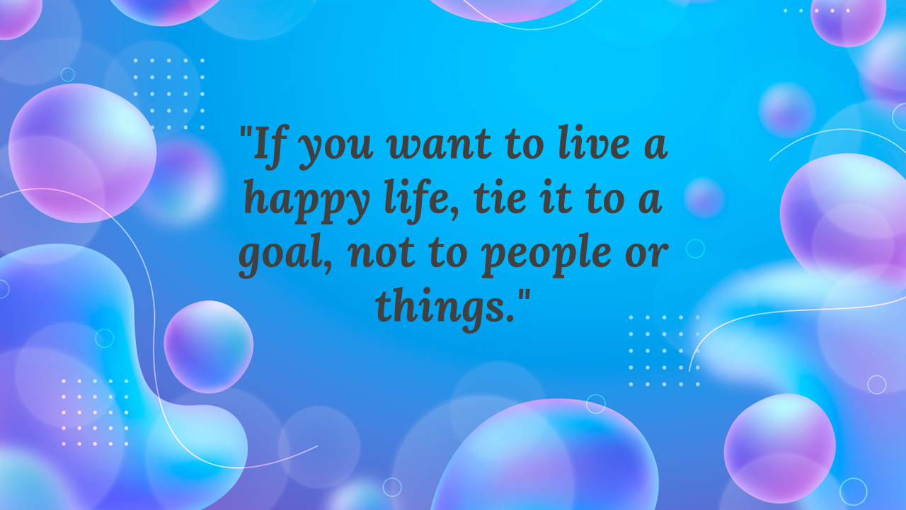 Blue background with floating purple and blue gradient bubbles and white curved lines, framing the centered dark text.