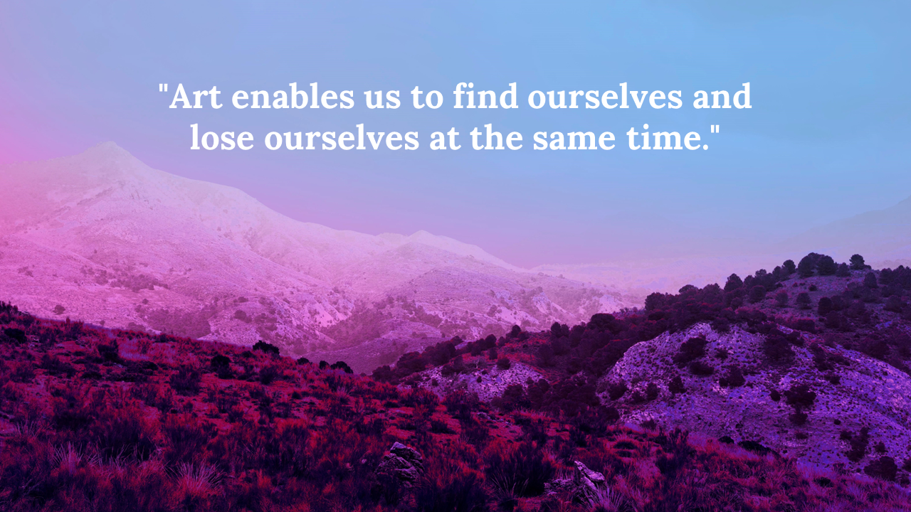 Gradient toned mountain landscape with purple and red hills, scattered trees, and a soft blue to pink sky in the background.