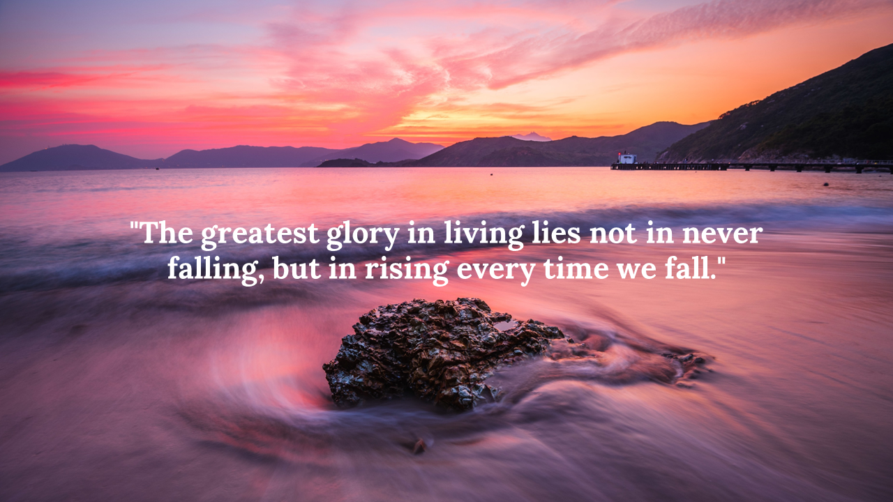 Ocean shoreline at sunset with pink and orange sky, distant mountains, and centered rock in swirling tide.